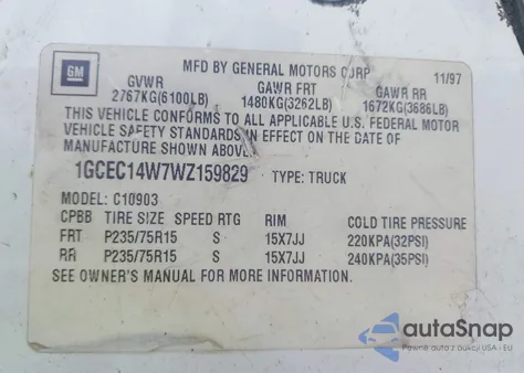 1998 Chevrolet C1500 Fleetside W/T из США, поврежденный, VIN 1GCEC14W7WZ159829